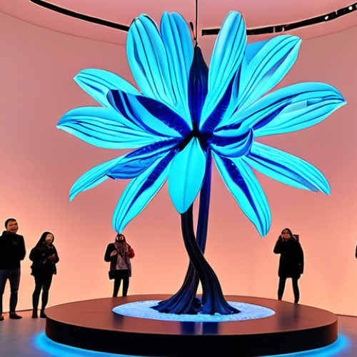 **A brightly lit modern art exhibition in Moscow, Russia. The main focus is a large, glowing flower sculpture created with 3D printing technology. People are looking at the flower with amazement. The style is contemporary and futuristic.**