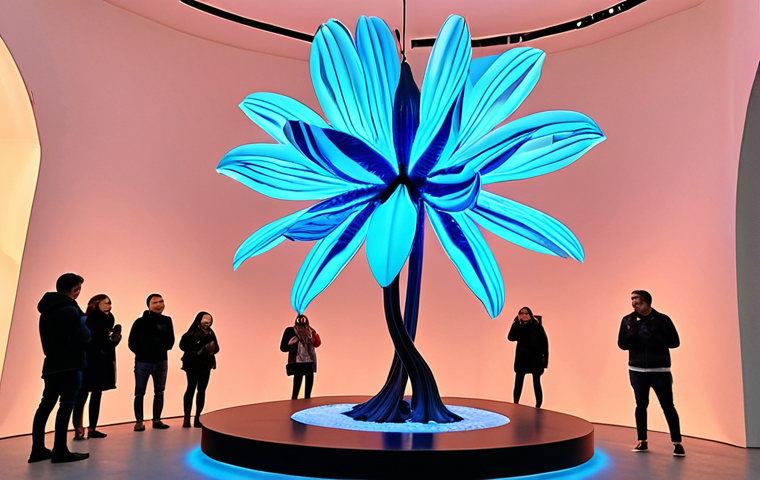 **A brightly lit modern art exhibition in Moscow, Russia. The main focus is a large, glowing flower sculpture created with 3D printing technology. People are looking at the flower with amazement. The style is contemporary and futuristic.**