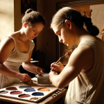 **Prompt:** Renaissance art studio interior. An apprentice grinds pigments, while a master artist instructs another student on drawing a figure. Anatomical studies and classical sculptures are visible. Warm, diffused light.