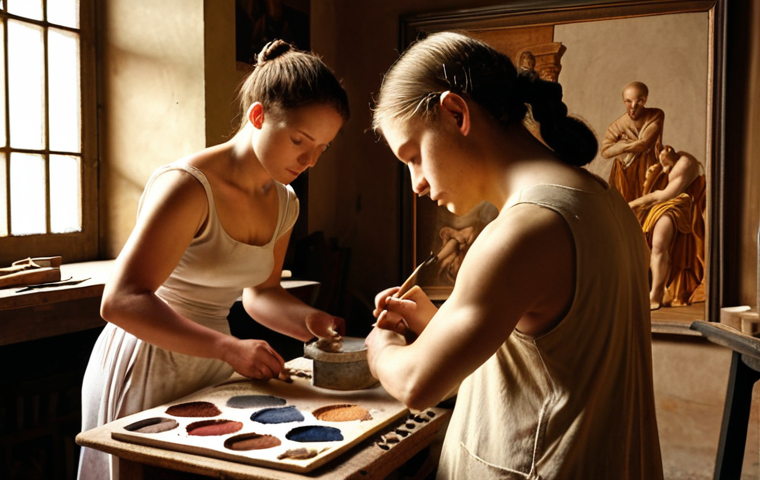 **Prompt:** Renaissance art studio interior. An apprentice grinds pigments, while a master artist instructs another student on drawing a figure. Anatomical studies and classical sculptures are visible. Warm, diffused light.